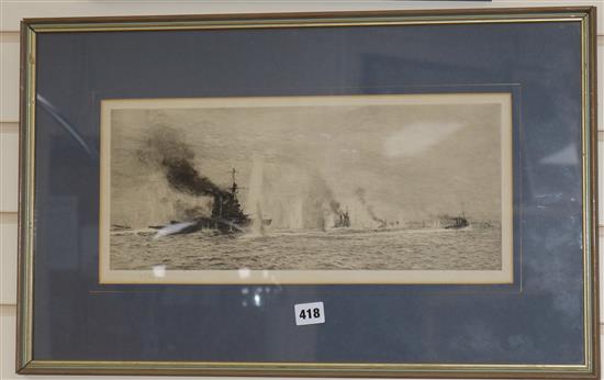 William Lionel Wyllie, etching, HMS Tiger, Princess Royal, Lion, Warrior and Defence at Jutland, signed in pencil, 20 x 45cm